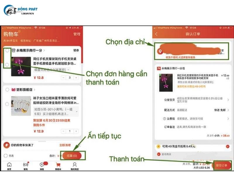 Hướng dẫn thanh toán khi mua hàng trên app Taobao