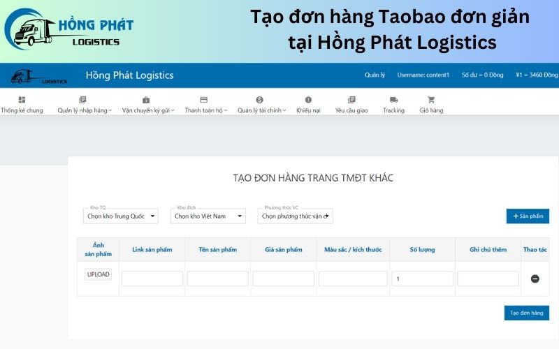 Tạo đơn hàng Taobao nhanh chóng tại website Hồng Phát