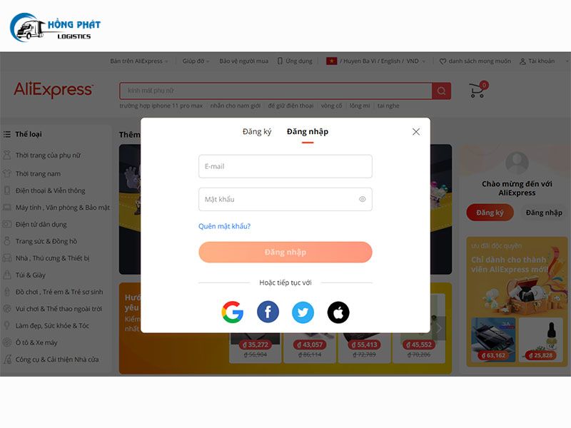 Đăng nhập tài khoản Aliexpress để mua hàng