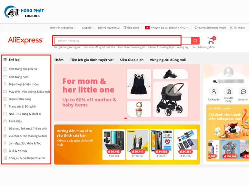 Tìm kiếm sản phẩm cần mua trên Aliexpress