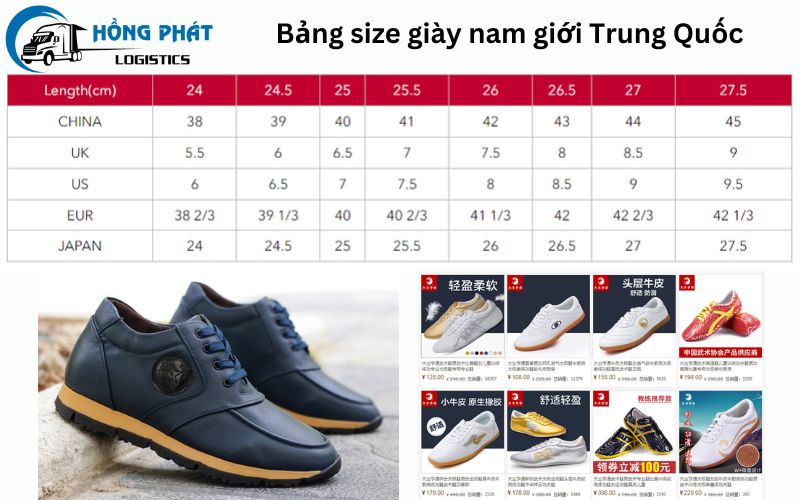 Bảng size giày nam của Trung Quốc