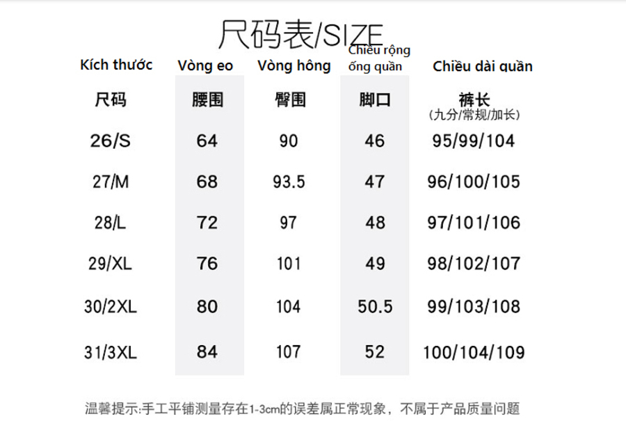 Dịch bảng size quần áo Trung Quốc chuẩn nhất